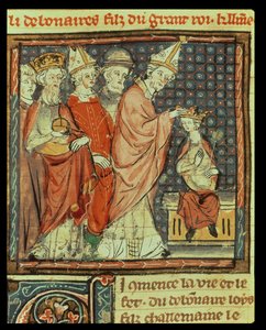 f.142r De kroning van Lodewijk I de Vrome (778-840) Heilige Roomse Keizer door paus Stefanus IV (paus 816-817) in Reims in 816, uit de Grandes Chroniques de France, 1375-79 door French School