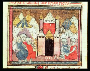 f.259r Het Beleg van Chateau-Gaillard in 1204 toen Filips Augustus van Frankrijk (1165-1223) koning Jan (Lackland) van Engeland (1199-1216) versloeg, uit de Grandes Chroniques de France, 1375-79 door French School