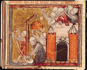 f.275r Beleg van het Kasteel van Chinon, Grandes Chroniques de France, 1375-79 door French School