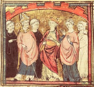 f.73r Dagobert I (605-39), koning van de Franken ontvangt het koninkrijk Frankrijk, uit de Grandes Chroniques de France, 1375-79 door French School