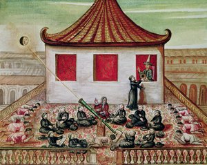 De zonsverduistering in Siam in 1688, bekeken door de jezuïetenmissionarissen, in aanwezigheid van de koning van Siam aan het raam van zijn paleis, 1688 door French School