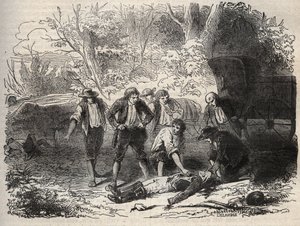 de Lyon postkoets affaire - Affaire du courrier de Lyon - de postkoets wordt aangevallen in Seine et Marne door 5 individuen op 28 april 1796 - Gravure in 