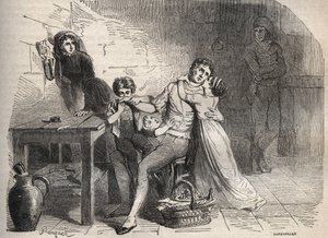 De Lyonse postaffaire: Het afscheid van Joseph Lesurques van zijn familie: ten onrechte beschuldigd van de aanval op de Lyonse postkoets in 1796 en geëxecuteerd - Gravure door French School