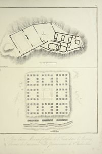 Plan van een versterkte Inca-woning in Assuay; en ruïnes van de oude Peruaanse stad Chulucanas, gegraveerd door Bouquet, illustratie uit 