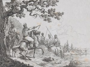 Kozakken rijden langs een Rivieroever, 1814 door Friedrich August de La Belle