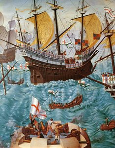 Inscheping van Hendrik VIII 1491-1547 aan boord van de Henry Grace a Dieu in 1520, gekopieerd van een schilderij door Vincent Volpi (detail)