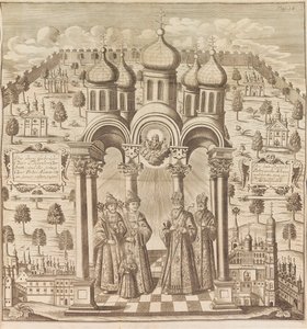Feodor III, Peter I, Ivan V en Patriarch Adrian I. Uit Das veraenderte Russland