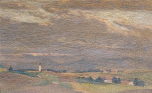Avondlandschap met kerktoren door Friedrich Hasslwander