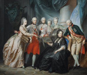 Aartshertogin Marie Christine en hertog Albert van Saksen-Teschen presenteren de familie schilderijen van de verwanten in Italië door Friedrich Heinrich Fuger