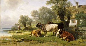 Vee in een Boerderij langs een Rivier met een Visser door Friedrich Johann Voltz