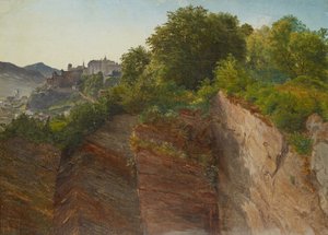 Uitzicht vanaf de Mönchsberg in Salzburg op de vesting Hohensalzburg door Friedrich Loos