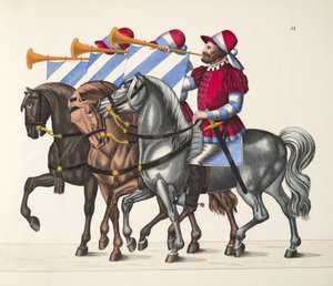 Drie muzikanten op een toernooi, plaat uit A History of the Development and Customs of Chivalry, door Dr. Franz Kottenkamp, uitgegeven door Carl Hoffmann, 1842
