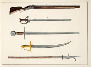 Wapens inclusief zwaarden en speren, ca. 1400, plaat uit A History of the Development and Customs of Chivalry, door Dr. Franz Kottenkamp, uitgegeven door Carl Hoffmann, 1842
