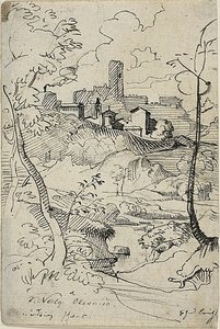 Italiaanse stad met rivier (recto); stadsgezicht (verso)