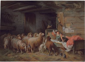 Plaquette met een slapende herder met zijn hond, een onbeheerde kudde aan zijn zijde, eind 19e - begin 20e eeuw door Friedrich Otto Gebler
