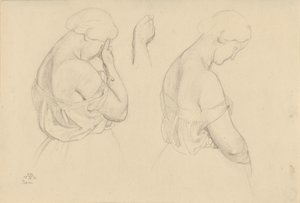 Twee vrouwenfiguren op halve lengte en een studie van een hand door Friedrich Preller