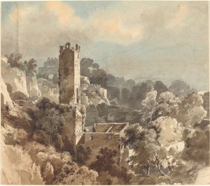 Ruïnes van een Versterkte Toren tussen Beboste Heuvels door Friedrich Salathé