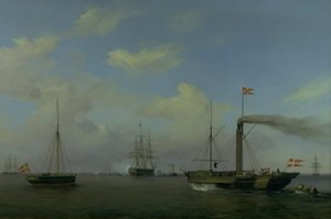 De Deense eskader voor anker bij Warnemünde. Hun koninklijke hoogheden de kroonprins en kroonprinses arriveren per stoomschip 