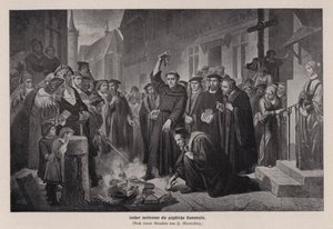 Maarten Luther verbrandt de pauselijke bul in Wittenberg, Duitsland door Friedrich Wilhelm Heinrich Martersteig