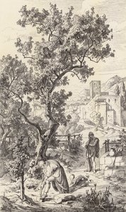 Odysseus bezoekt zijn vader Laertes (gravure) door Friedrich the Elder Preller