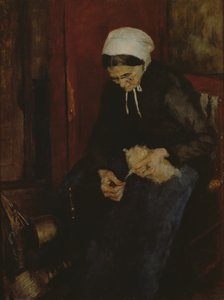 Oud vrouwtje spint wol
