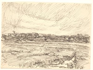 Landschap met dorp door Fritz Syberg