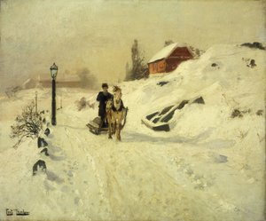 Een paardenslee in een winterlandschap door Frits Thaulow