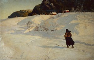Winterscène met een Skiër door Fritz Thaulow