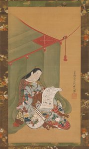 Vrouw Leest onder een Muskietennet, ca. 1720 door Fuhiken Tokikaze