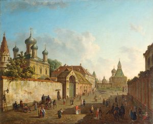 Uitzicht vanaf het Lubyanka-plein naar de Vladimir-poort in Moskou, Rusland, 1800s
