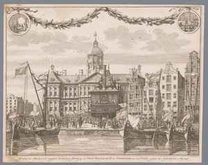 Menigte op de Dam in Amsterdam viert de afkondiging van Willem IV als stadhouder