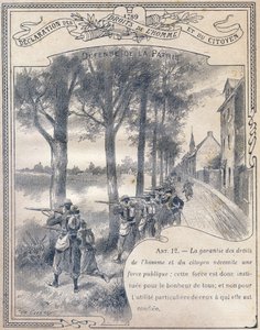 1789: Verklaring van de rechten van de mens en de burger: Verdediging van het vaderland. Gravure in "Het unieke boek van moraal en burgerlijke instructie, bestemd voor de leerlingen van de drie cursussen van de lagere school en voor de lagere klassen van d door G. Dascher