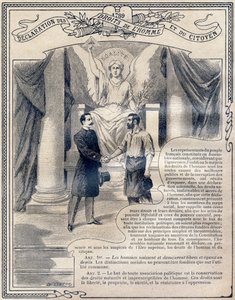 1789: Verklaring van de rechten van de mens en de burger: Gelijkheid. Gravure in "Le livre unique de morale et d