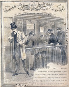 1789: Verklaring van de rechten van de mens en de burger: Verplichting en proportionaliteit van de belasting. Gravure in "Het enige boek van moraal en burgerlijke instructie, bestemd voor leerlingen van de drie cursussen van de lagere school en voor die va door G. Dascher