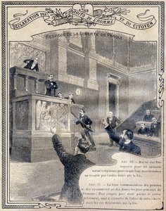 1789: Verklaring van de rechten van de mens en de burger: Respect voor de vrijheid van meningsuiting. Gravure in 