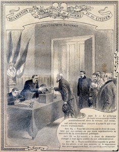 1789: Verklaring van de rechten van de mens en de burger: Nationale soevereiniteit. Gravure in "Le livre unique de morale et d