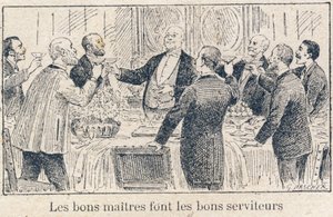 Plichten van het kind op school: Plichten van Meesters en Bazen tegenover Dienaren en Werknemers. "Goede meesters maken goede dienaren." Gravure in "Het unieke boek van moraliteit en burgerlijke instructie, bedoeld voor studenten van de drie cursussen van  door G. Dascher