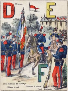 Letters D E F: Vlag, Militaire School van Saint-Cyr (Saint Cyr), Leerlingen te voet, Paardensquadron, Geweer en Infanterist, ca. 1900 (lithografie) door G. Dascher