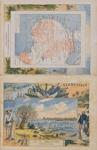 Kaart van Franse bezittingen en invloedsferen in Afrika en een uitzicht op de rivier de Senegal, omslag van een schoolschrift, eind 19e eeuw