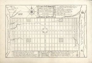 Het eerste plan voor Philadelphia, bedacht door William Penn en Thomas Holme in 1682, 1684 door G. Drogenham