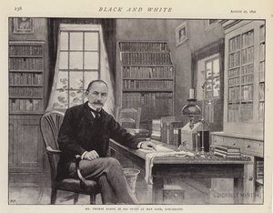 Thomas Hardy in zijn studeerkamer in Max Gate, Dorchester (litho)