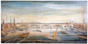 Uitzicht op de nieuwe London Bridge vanuit het westen, met boten en schuiten op de Theems, 1831 door G Yates