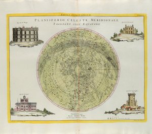 Kosmografische plaat van het zuidelijke hemelplanisfeer gesneden op de evenaar, gravure door G. Zuliani uit Tome I van de Nieuwste Atlas gepubliceerd in Venetië in 1777 door Antonio Zatta door G. Zuliani