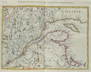 Oostelijk deel van Canada, noordelijk Nova Scotia en deel van Labrador, gravure door G. Zuliani uit Tome I van de "Nieuwste Atlas" gepubliceerd in Venetië in 1778 door Antonio Zatta, Privécollectie