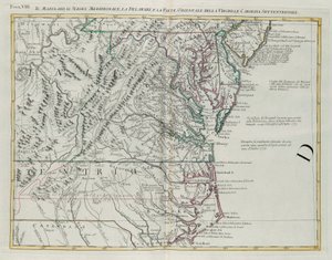 Maryland, zuidelijk New Jersey, Delaware en het oostelijke deel van Virginia en North Carolina, gravure door G. Zuliani uit Tome I van de "Nieuwste Atlas" gepubliceerd in Venetië in 1778 door Antonio Zatta, Privécollectie door G. Zuliani