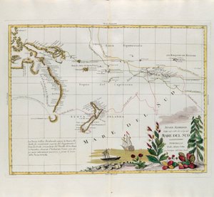 Nieuwe ontdekkingen gedaan in 1775, 67 en 69 in de Zuidzee, gravure door G. Zuliani uit Tome I van de Nieuwste Atlas gepubliceerd in Venetië in 1776 door Antonio Zatta, Privécollectie door G. Zuliani