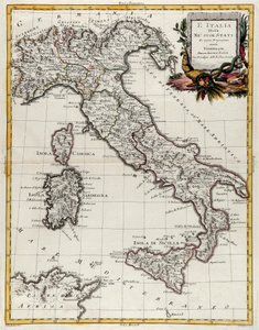 Politieke kaart van Italië, gravure door G. Zuliani uit Tome II van de "Nieuwste Atlas" gepubliceerd in Venetië in 1782 door Antonio Zatta, Privécollectie door G. Zuliani