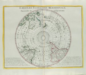 Zuidelijk halfrond van de aarde gesneden op de evenaar, gravure door G. Zuliani uit Tome I van de Nieuwste Atlas gepubliceerd in Venetië in 1779 door Antonio Zatta