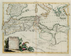 De Barbarijse Kust of de Koninkrijken Marokko, Fez, Algerije, Tunesië en Tripoli met omliggende landen, gravure door G. Zuliani uit Tome IV van de "Nieuwste Atlas" gepubliceerd in Venetië in 1784 door Antonio Zatta, Privécollectie