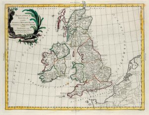 De Britse Eilanden waarin Albion of Groot-Brittannië en Ivernia of Klein-Brittannië, gravure door G. Zuliani uit Tome I van de Nieuwste Atlas gepubliceerd in Venetië in 1785 door Antonio Zatta